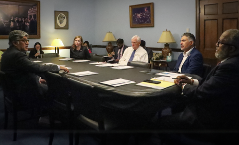 Director Shah speaking with Chair Hoyer and RLC Leaders Lizzie Fletcher (TX-07), Tony Cárdenas (CA-29), and Troy A. Carter (LA-02).