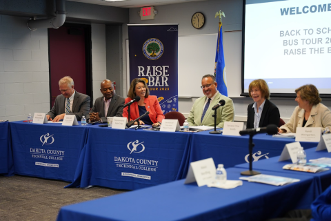 Education Secretary Miguel Cardona sitting with RLC Leader Rep. Angie Craig (MN-02), Senator Tina Smith (D-MN), and AFT President Randi Weingarten.