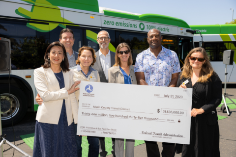 Rep. Jared Huffman (CA-02) joining Federal Transit Administration Deputy Regional Administrator Amy Changchien, Marin Transit Board President Katie Rice, and others.