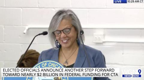 RLC Leader Rep. Robin L. Kelly (IL-02) commemorating a major public transportation investment alongside federal, state, and local leaders. 