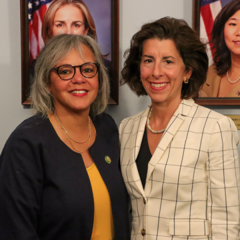 U.S. Secretary of Commerce Gina Raimondo standing with Rep. Robin Kelly (IL-02).