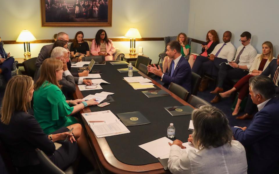 Transportation Secretary Pete Buttigieg speaking with RLC Members.